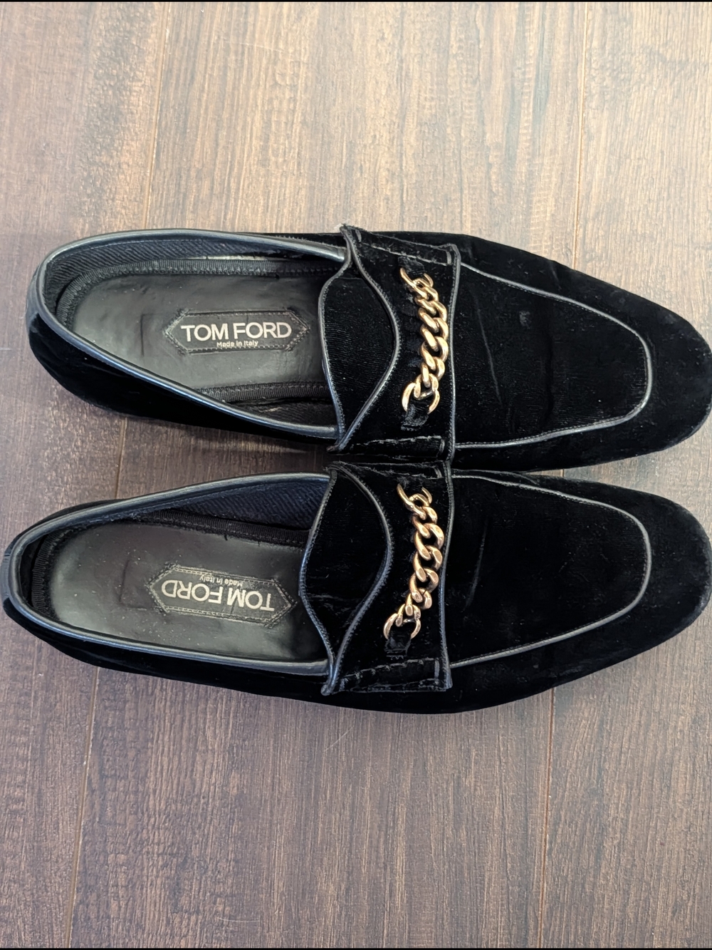 Tom Ford Black Velvet + Leather Loafers with Gold Chain Accent Italy Mens Sz 9 - Picture 10 of 14
